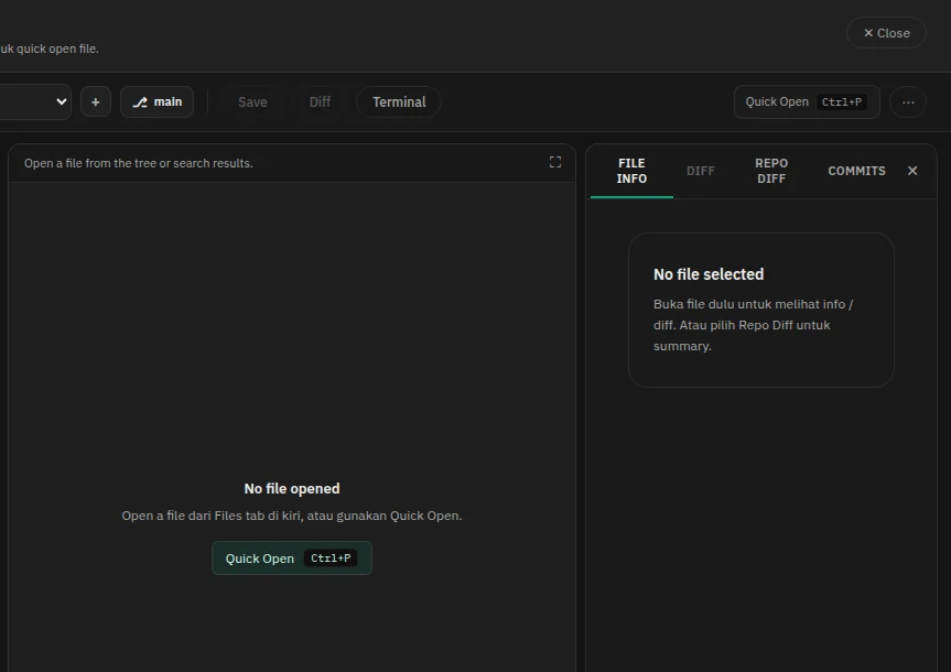 Code Workspace TiusClaw dengan area file, editor, dan informasi