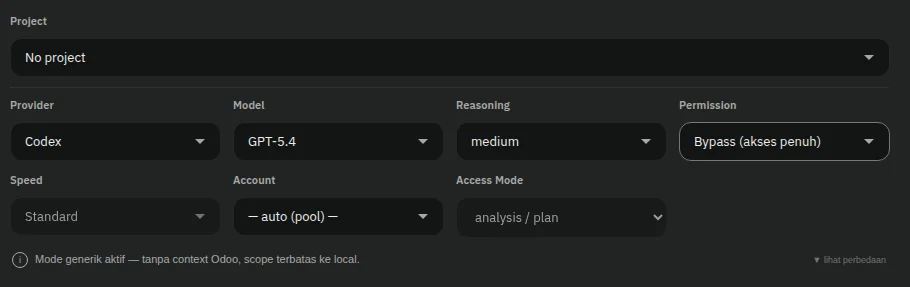 Pengaturan provider, model, dan permission pada workspace