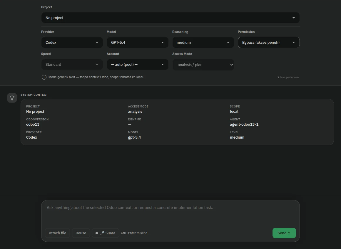 Screenshot workspace TiusClaw dengan pilihan proyek, provider, mode akses, dan konteks sistem